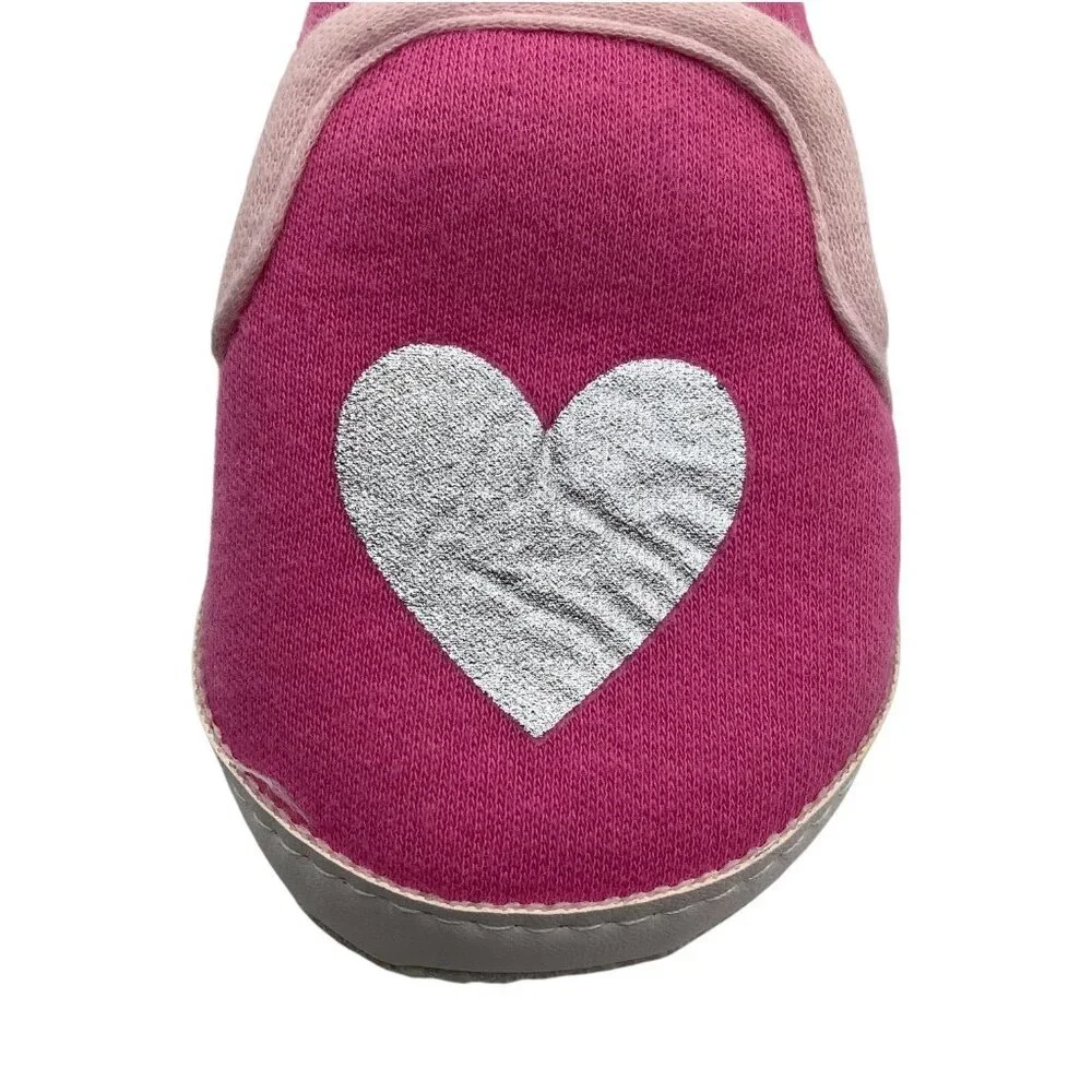Bon‎ Bebe Baby Girl Slippers Pink W/ Silver Heart 0-9 Months Soft Sole Slip On